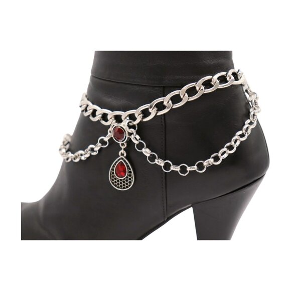 Women Silver Metal Boot Chain Bracelet Shoe Anklet Ethnic Drop Charm Red 2PCS - Picture 3 of 17